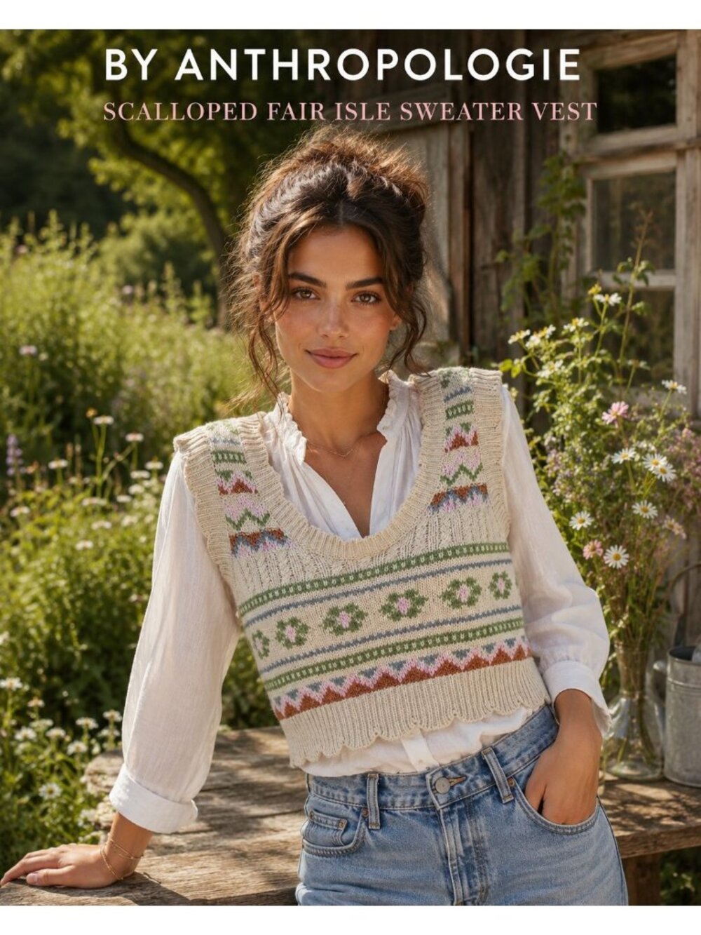 By Anthropologie Scalloped Ruffle Fair Isle Knit Crop Sweater Vest L Multi